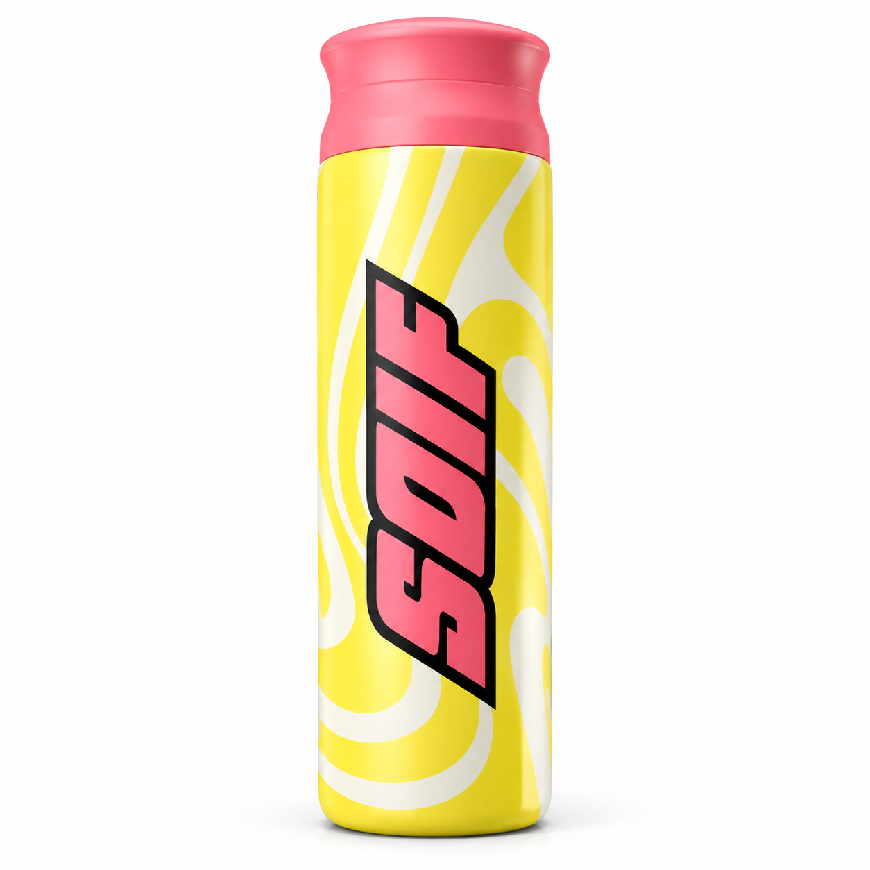 Détail du logo SOIF rose et noir sur la bouteille jaune